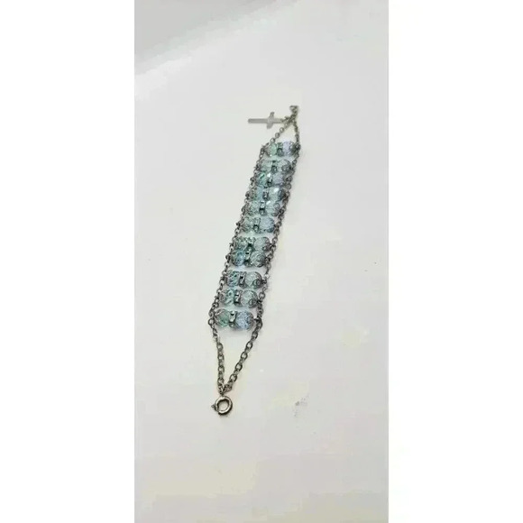 Vintage Ladder Bracelet 925 Sterling Silver Blue Crystal Clear Rhinestone Wide - Picture 2 of 12